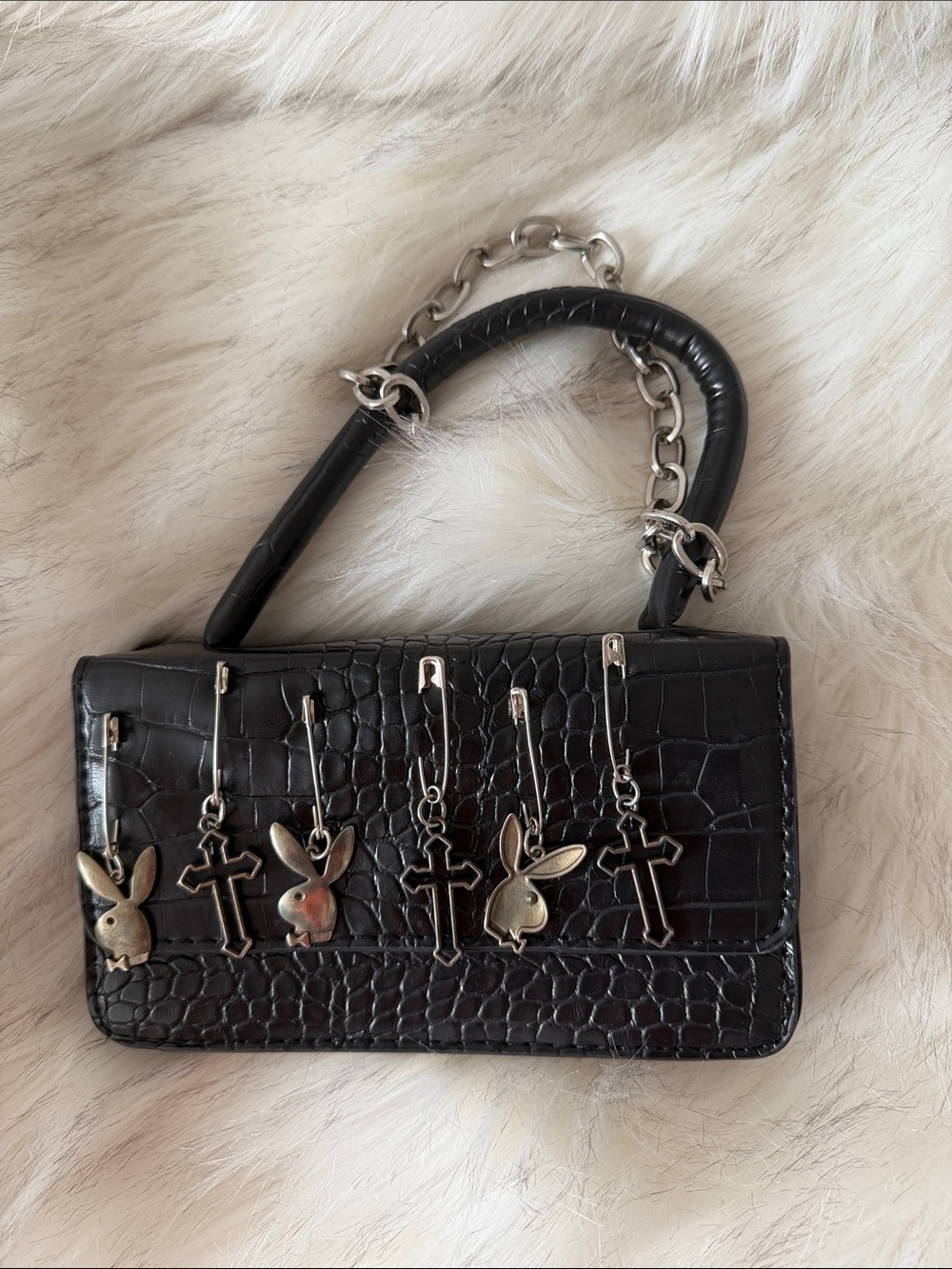 Black Croc-Embossed Chain Handle Shoulder Bag with Bunny & Cross Charms